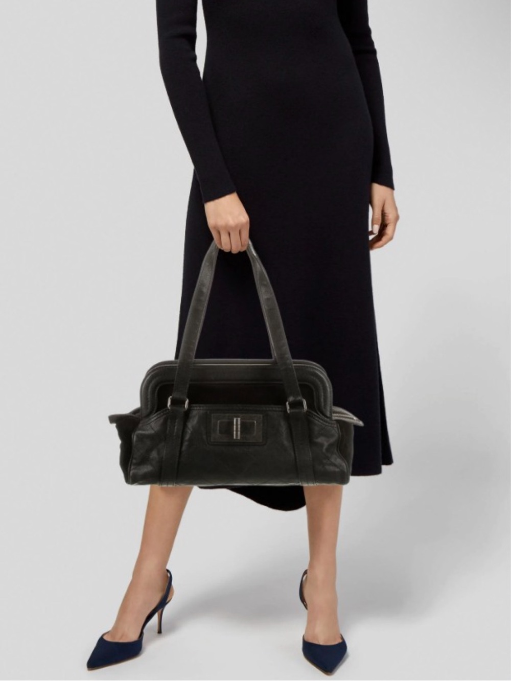 CHANEL Black Leather Shoulder Bag with Top Handles
